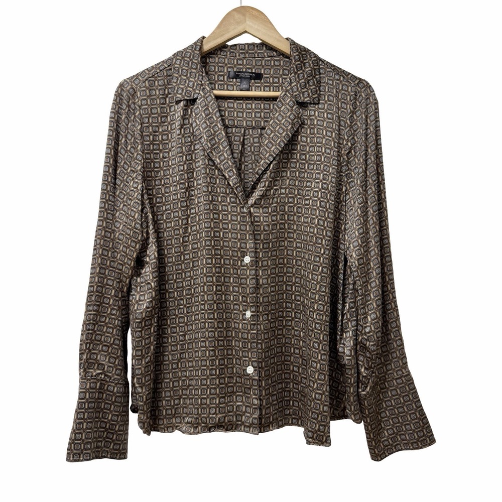 Banana Republic Womens Silk Abstract Spread Collar Button Up Shirt Size L Brown